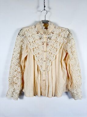 Victorian Lace Yoke Button-Front Women's Blouse MED Edwardian High Neck Pleats